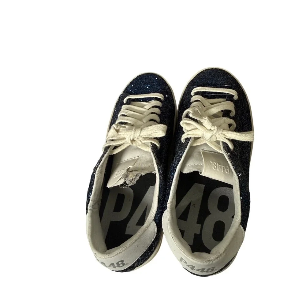 P448 John Navy Blue Glitter Low‎ Top Sneakers Womens Size 37 Made In Italy